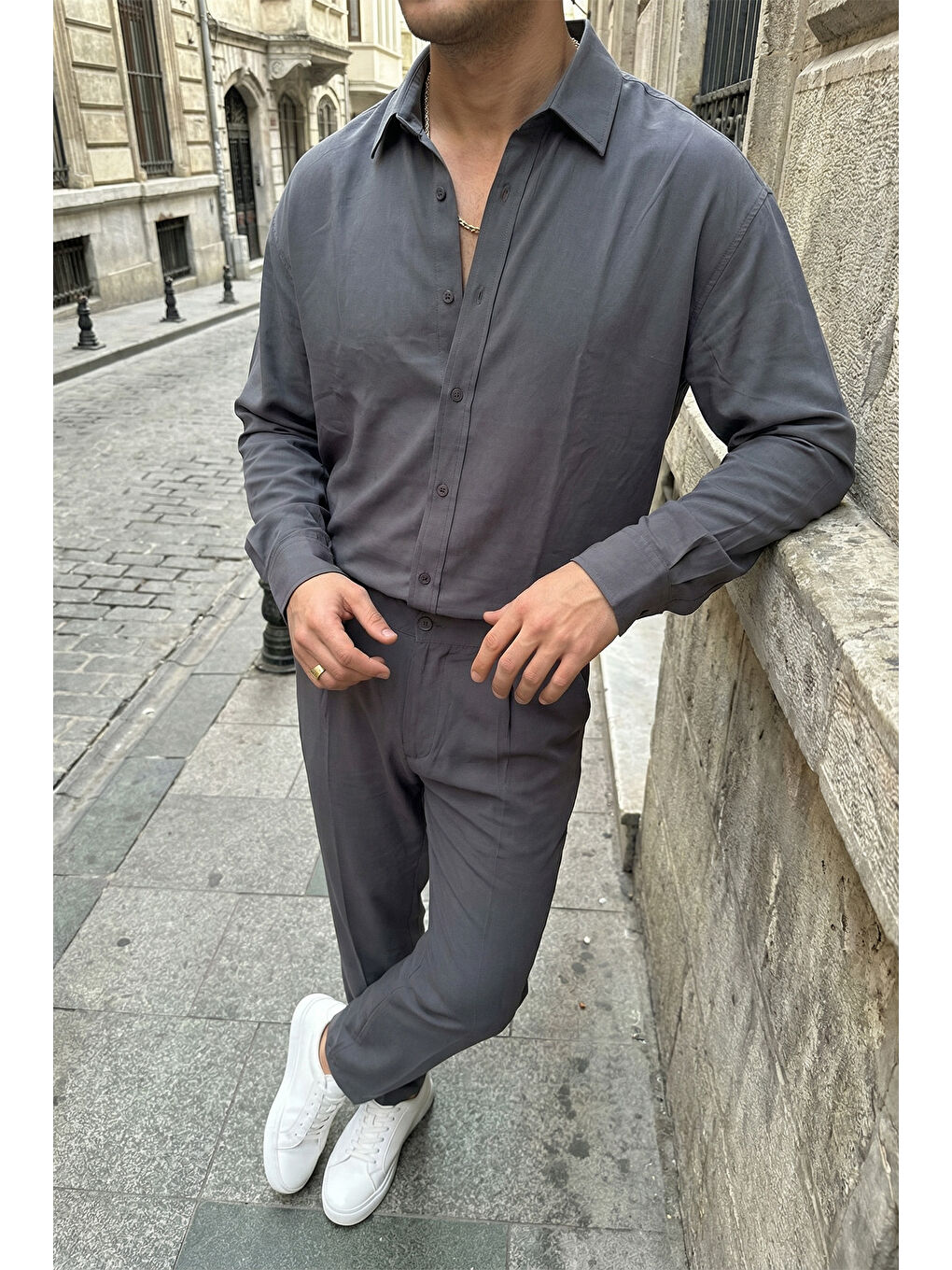 Gri Noda %100 Pamuk Oversize Erkek Modal İkili Takım Gömlek Pantolon