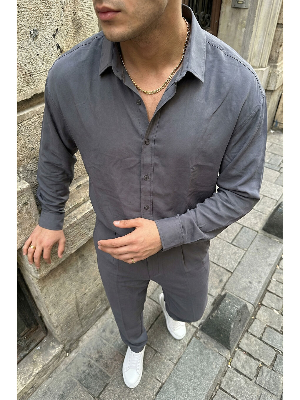 Gri Noda %100 Pamuk Oversize Erkek Modal İkili Takım Gömlek Pantolon-1