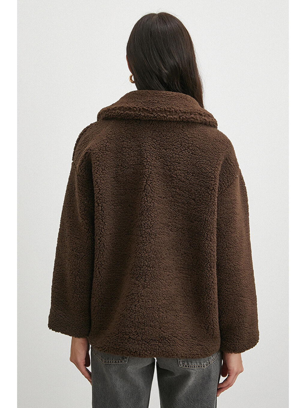 Karışık Yaka Detaylı Pelüş Mont Kahve-5