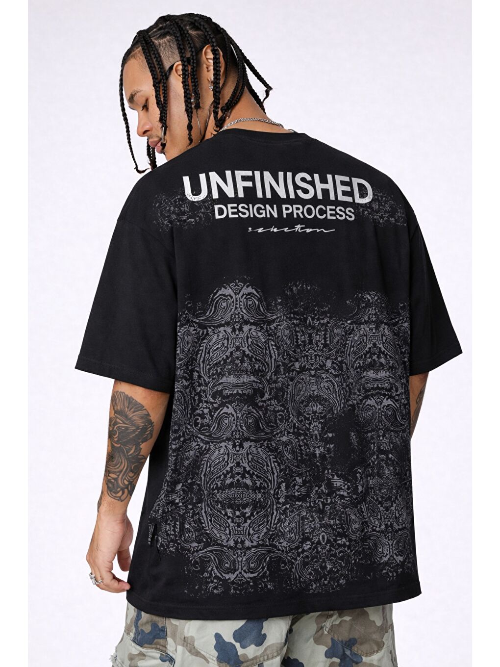 Siyah Erkek Oversize Tişört Never Stop Trying Baskılı Salaş Kalıp-1