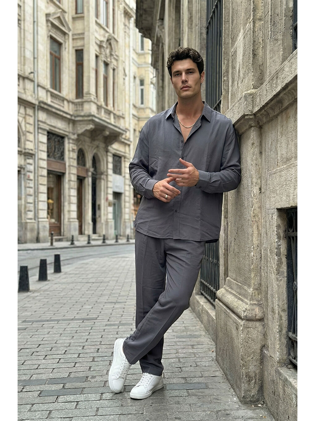 Gri Noda %100 Pamuk Oversize Erkek Modal İkili Takım Gömlek Pantolon-2