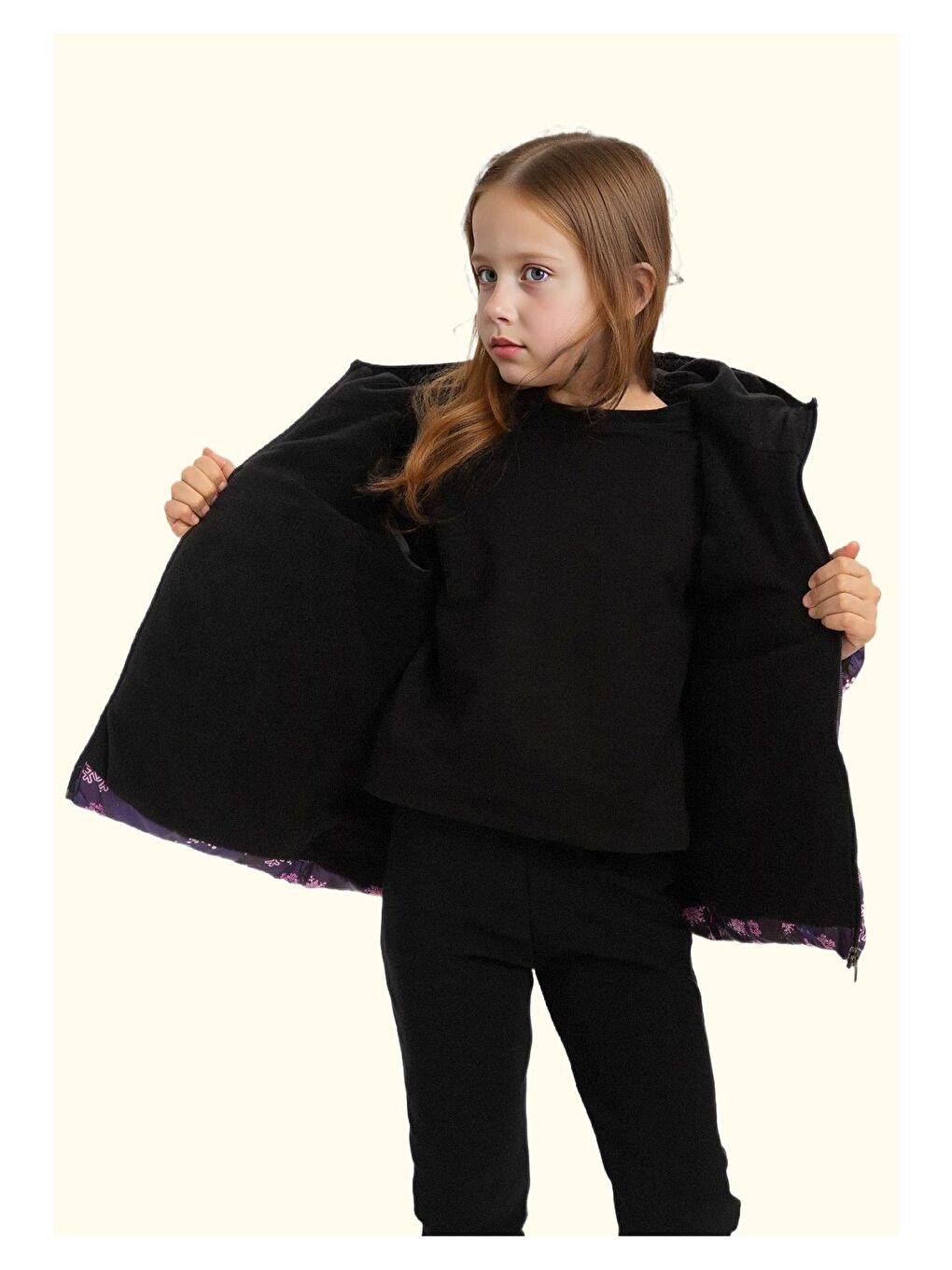 Mor Kız Çocuk Pusula Desen Polar Su Ve Rüzgar Geçirmez Kapüşonlu Şişme Kışlık Mont-1