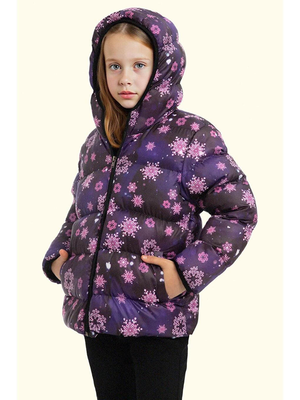 Mor Kız Çocuk Pusula Desen Polar Su Ve Rüzgar Geçirmez Kapüşonlu Şişme Kışlık Mont-2