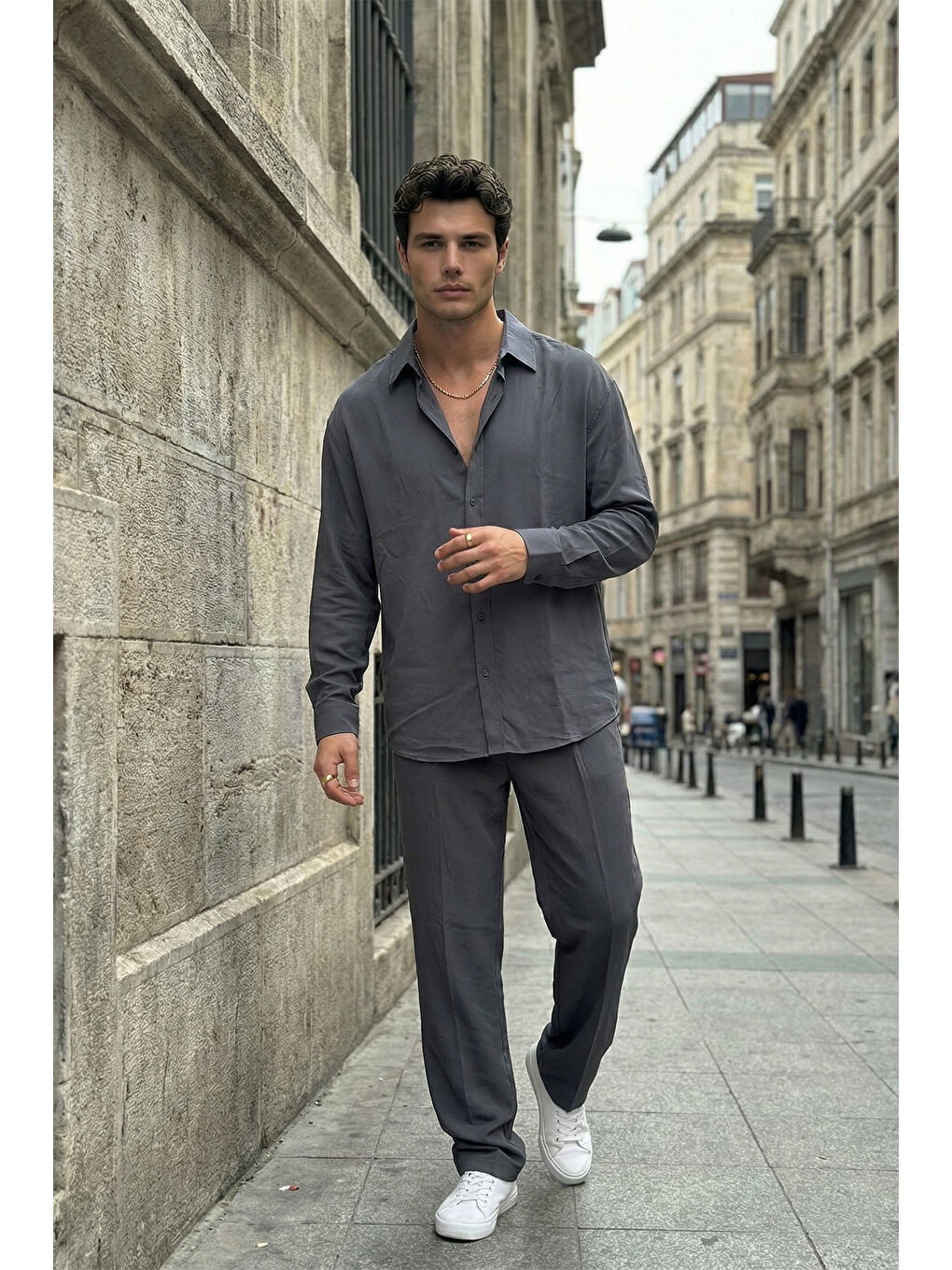 Gri Noda %100 Pamuk Oversize Erkek Modal İkili Takım Gömlek Pantolon-3