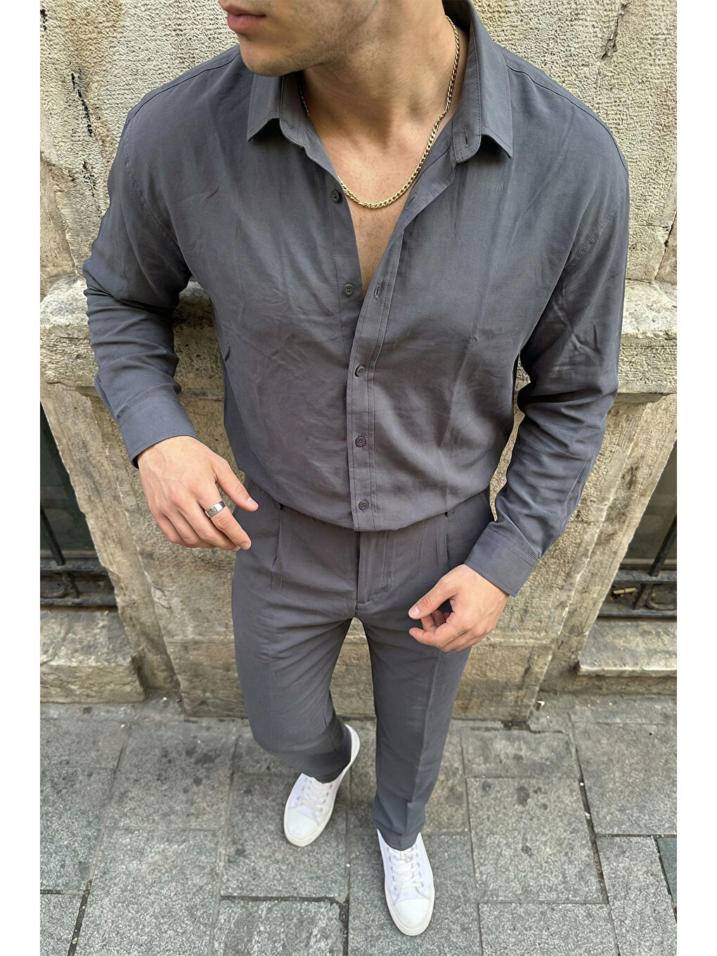 Gri Noda %100 Pamuk Oversize Erkek Modal İkili Takım Gömlek Pantolon-4