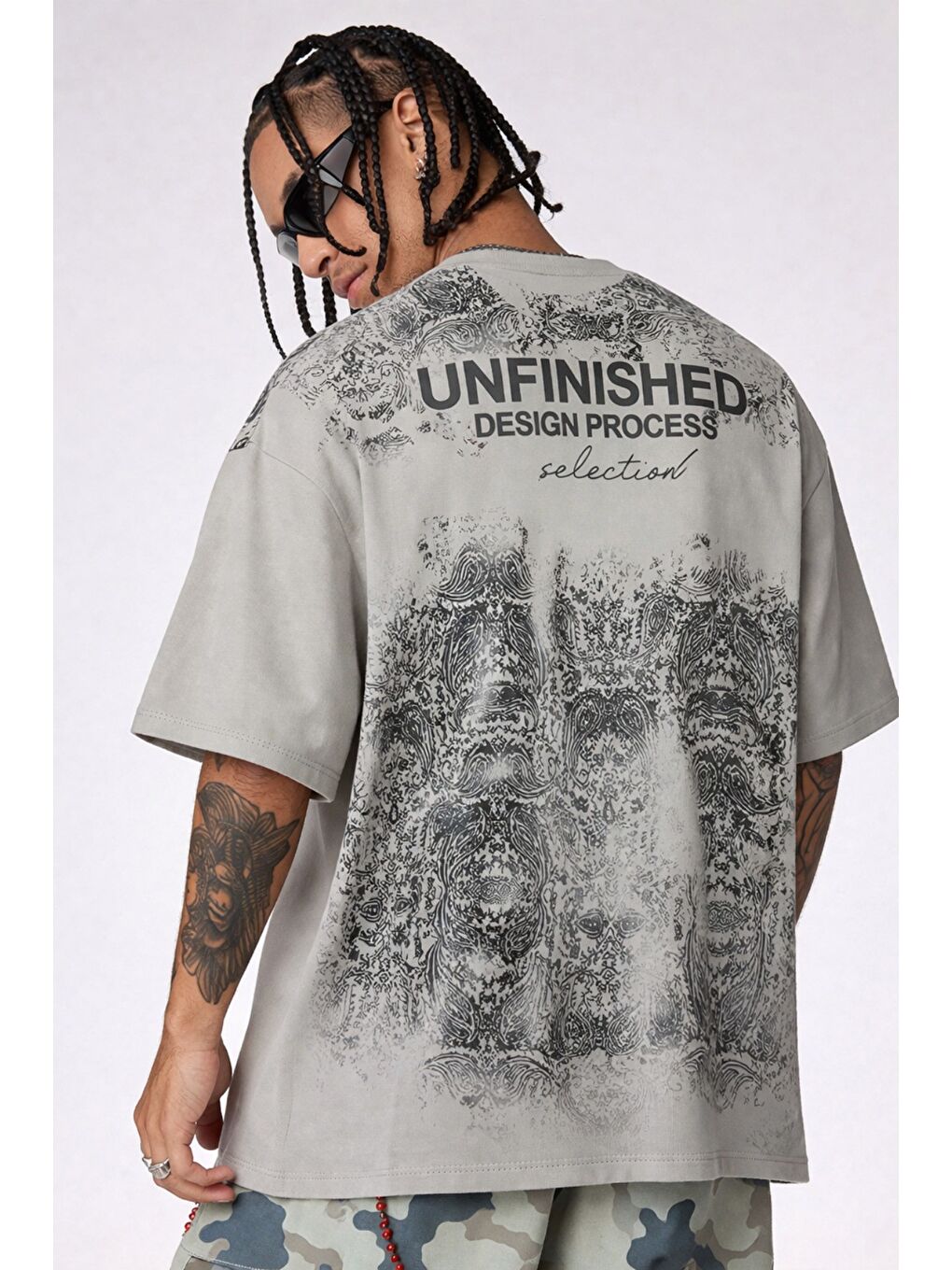 Gri Erkek Oversize Tişört Never Stop Trying Baskılı Salaş Kalıp