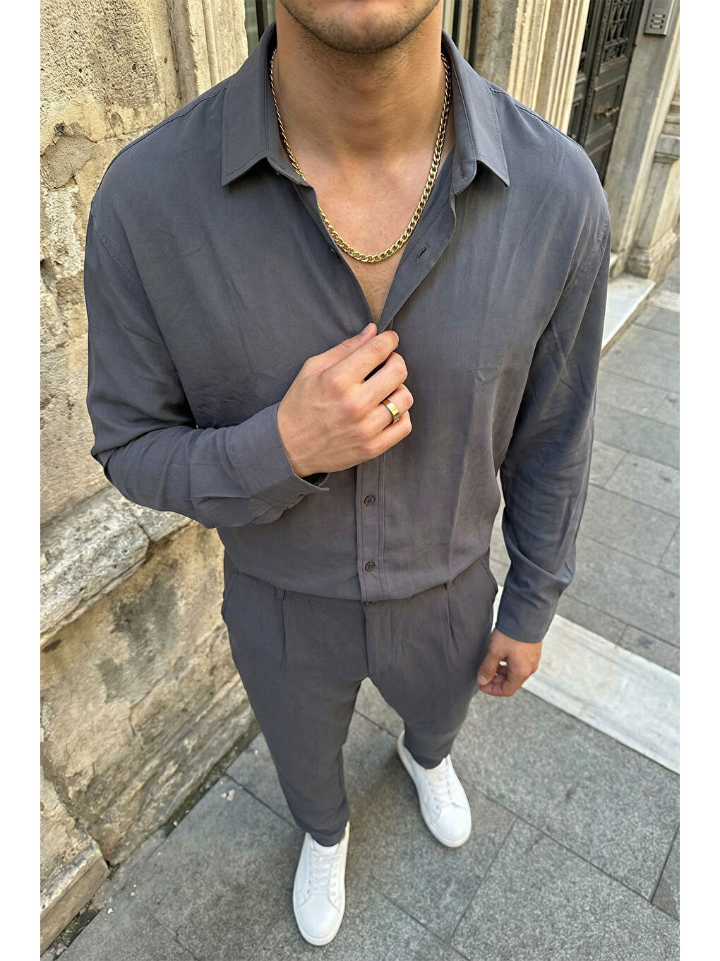 Gri Noda %100 Pamuk Oversize Erkek Modal İkili Takım Gömlek Pantolon-5