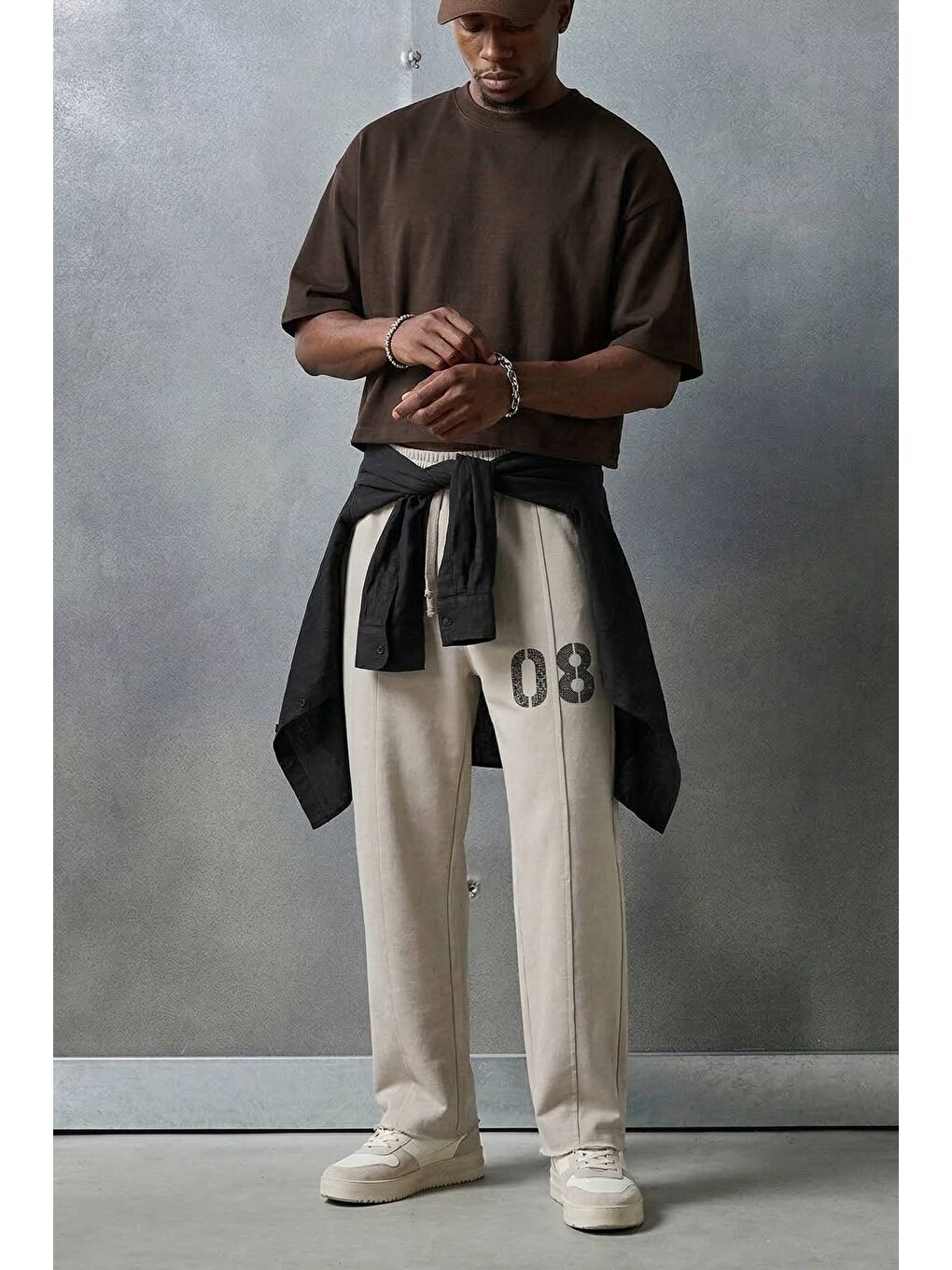 Erkek Baggy Fit Vintage Yıkamalı 08 Baskılı Eşofman Altı Gri-2