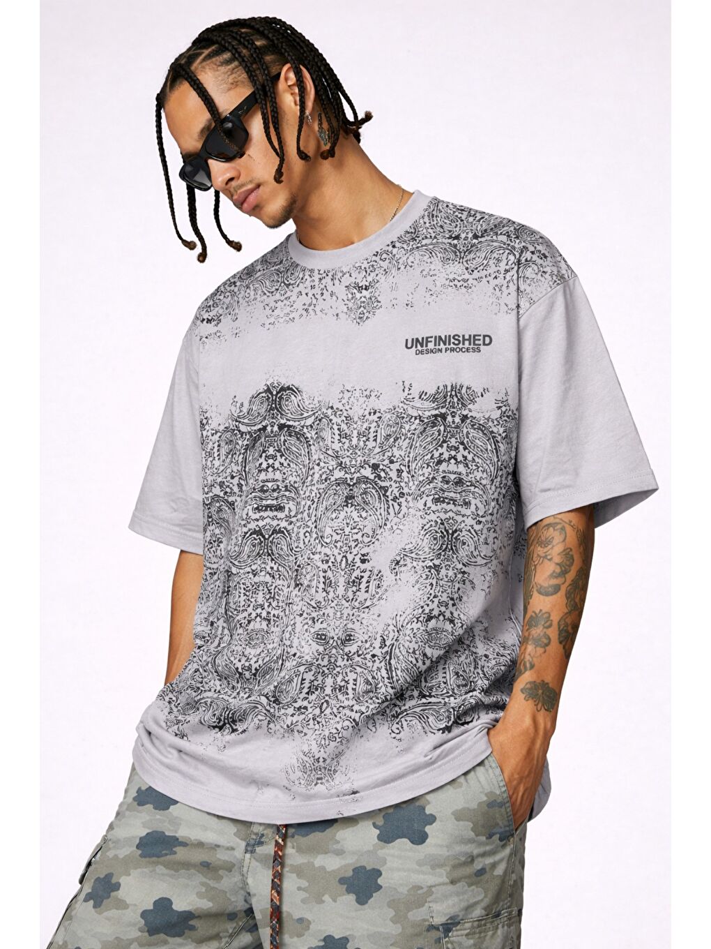 Gri Erkek Oversize Tişört Never Stop Trying Baskılı Salaş Kalıp-1