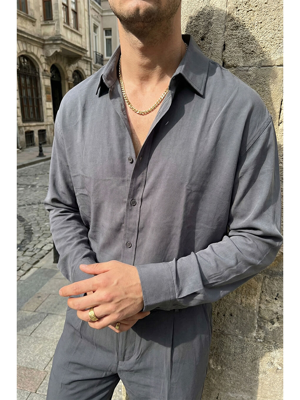 Gri Noda %100 Pamuk Oversize Erkek Modal İkili Takım Gömlek Pantolon-6