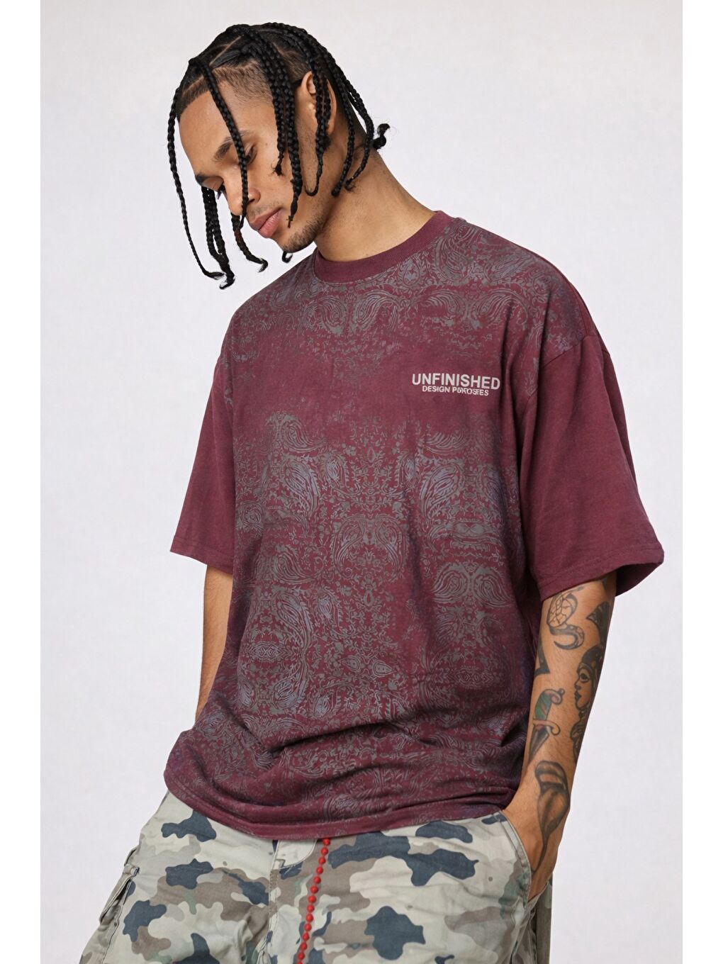 Bordo Erkek Oversize Tişört Never Stop Trying Baskılı Salaş Kalıp