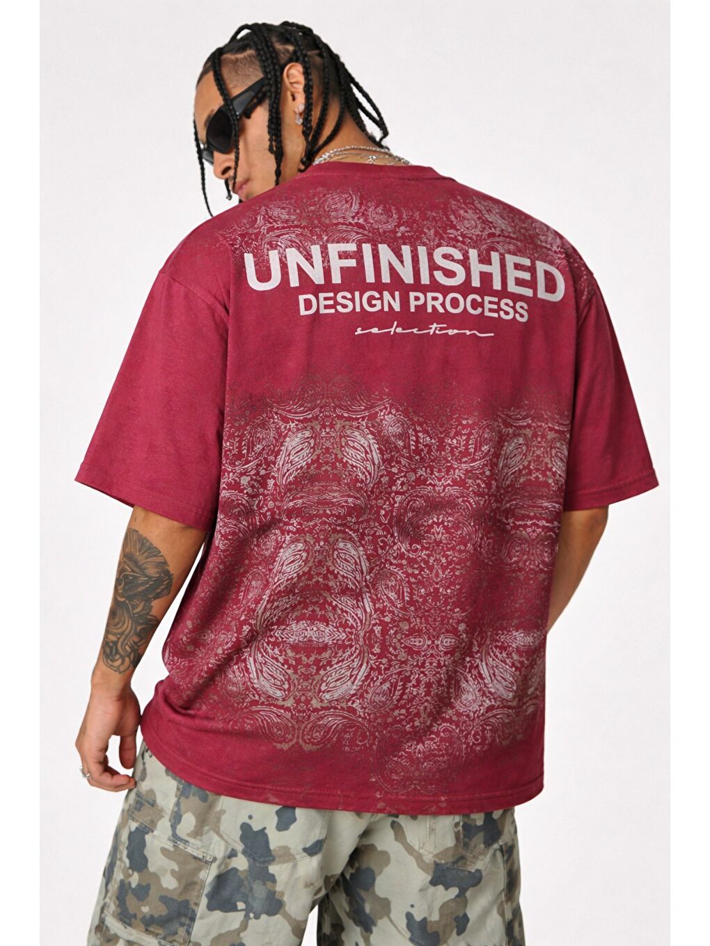 Bordo Erkek Oversize Tişört Never Stop Trying Baskılı Salaş Kalıp-1