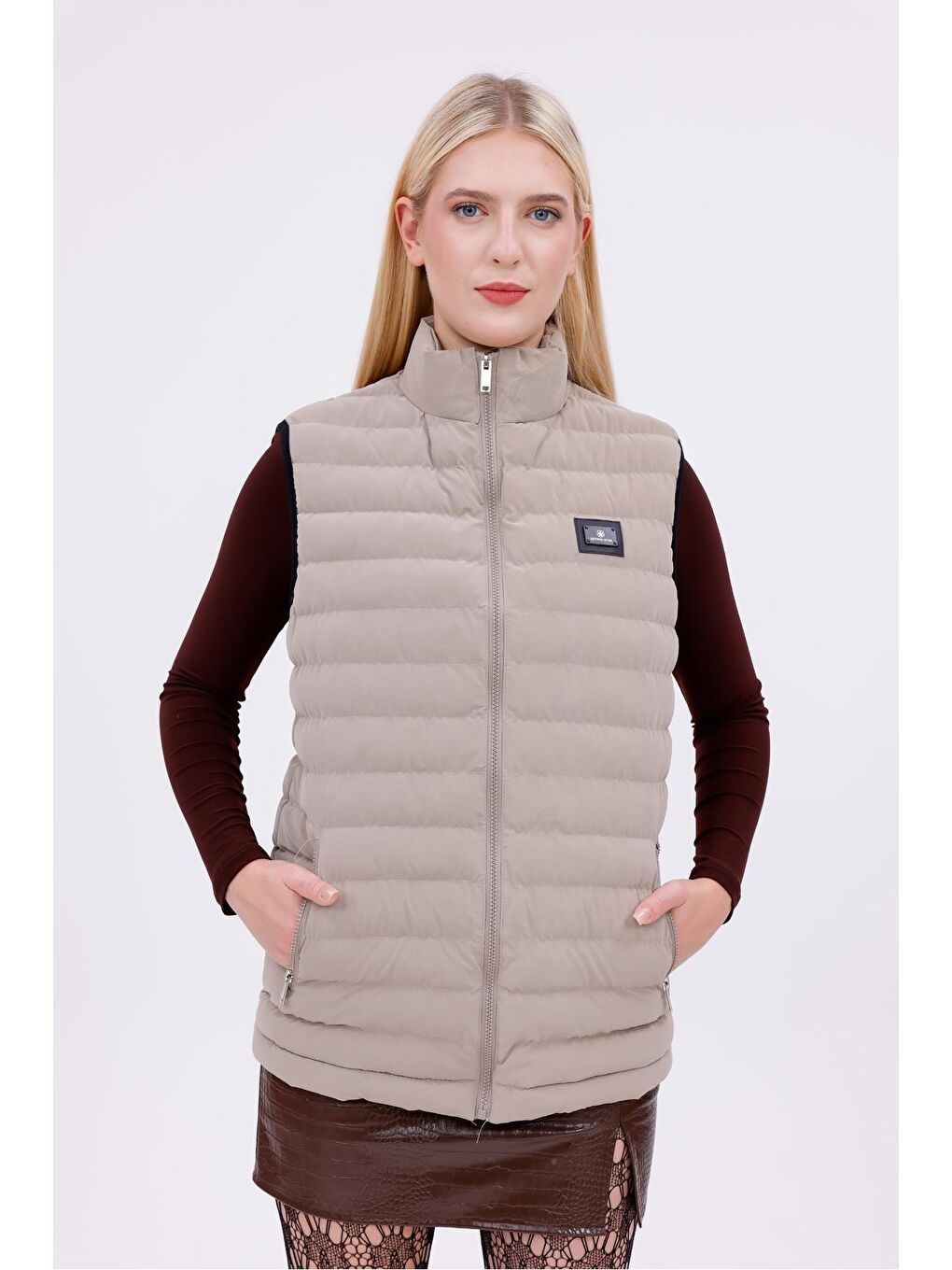 Bej Kadın Siyah Nova Kumaş Şişme Yelek - İç Cepli-4