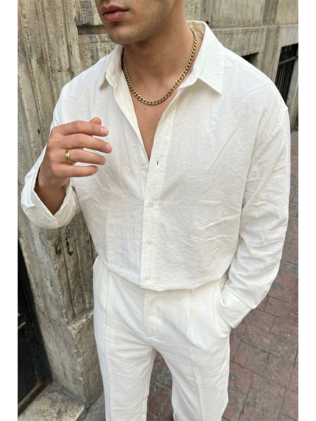 Beyaz Noda %100 Pamuk Oversize Erkek Modal İkili Takım Gömlek Pantolon