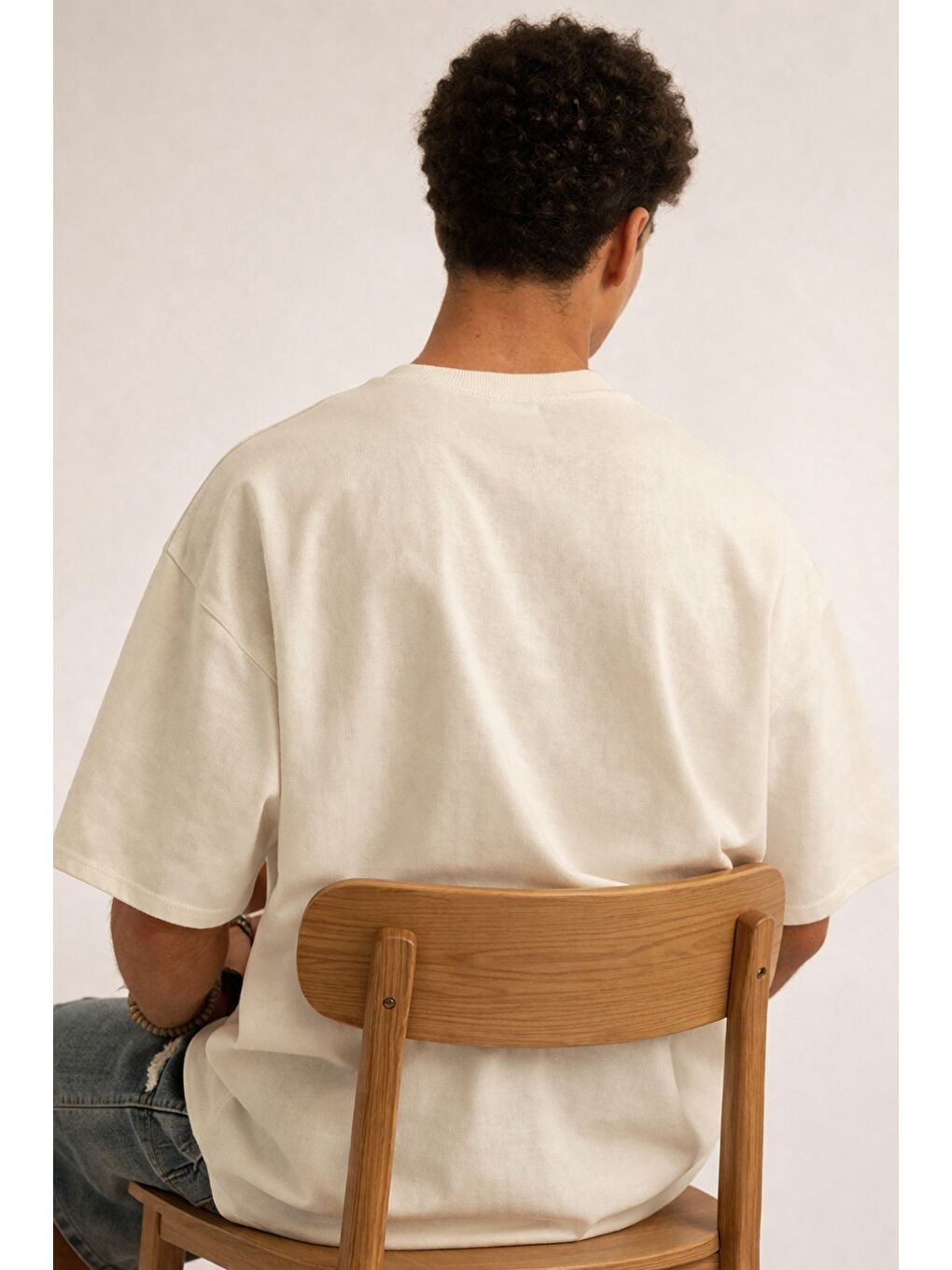 Bej Erkek Oversize Tişört Never Stop Trying Baskılı Salaş Kalıp-2