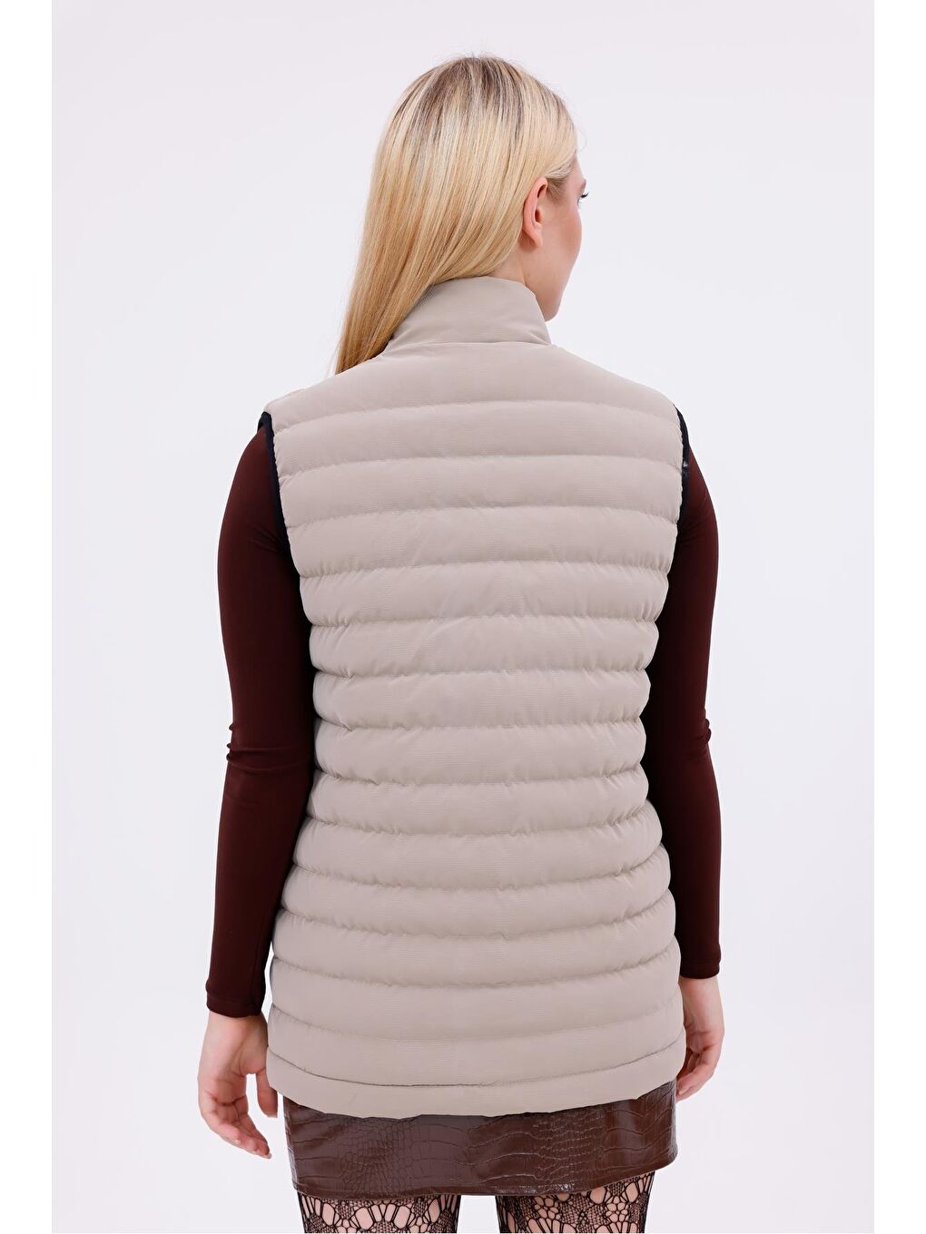 Bej Kadın Siyah Nova Kumaş Şişme Yelek - İç Cepli-7