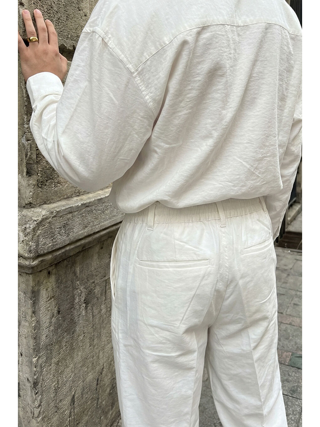 Beyaz Noda %100 Pamuk Oversize Erkek Modal İkili Takım Gömlek Pantolon-1