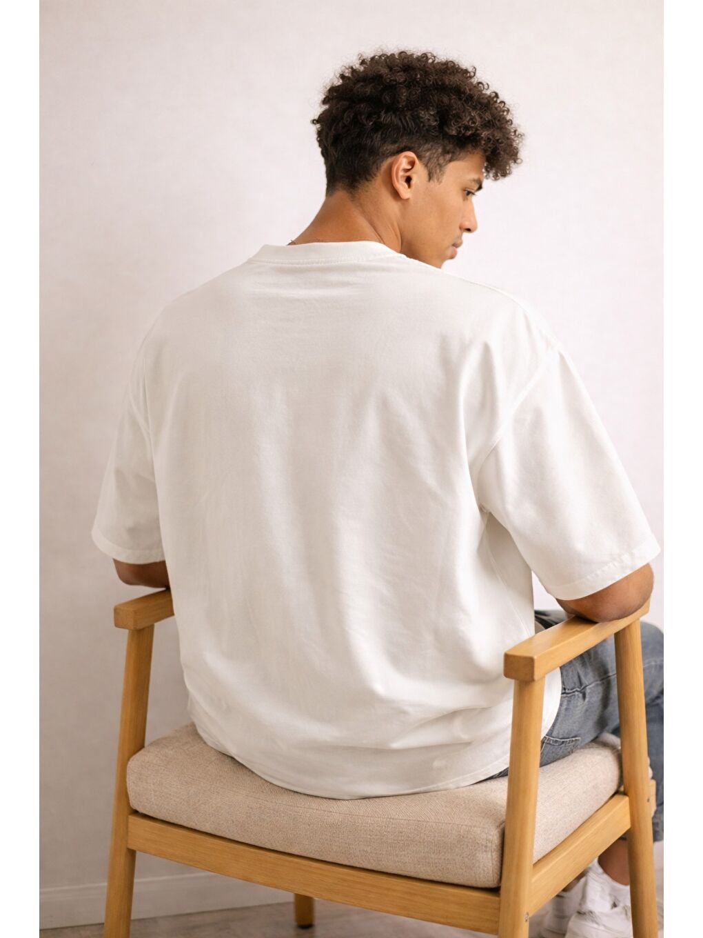 Beyaz Erkek Oversize Tişört Never Stop Trying Baskılı Salaş Kalıp-2