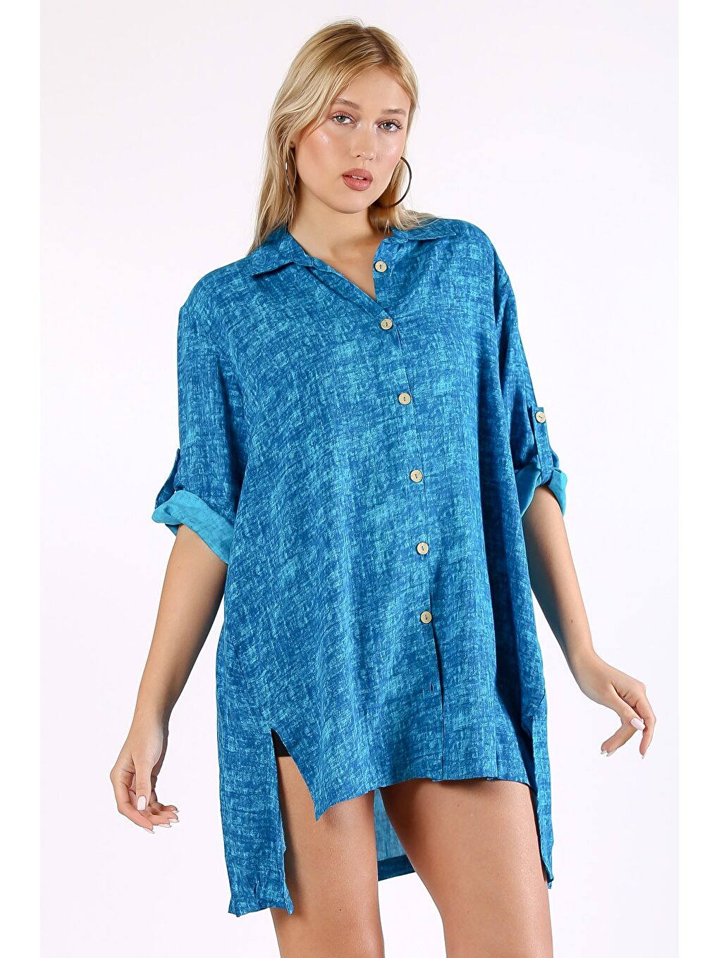 İtalyan Mavi Apaş Yaka 3/4 Kol Desenli Yırtmaçlı Dokuma Gömlek Elbise-3