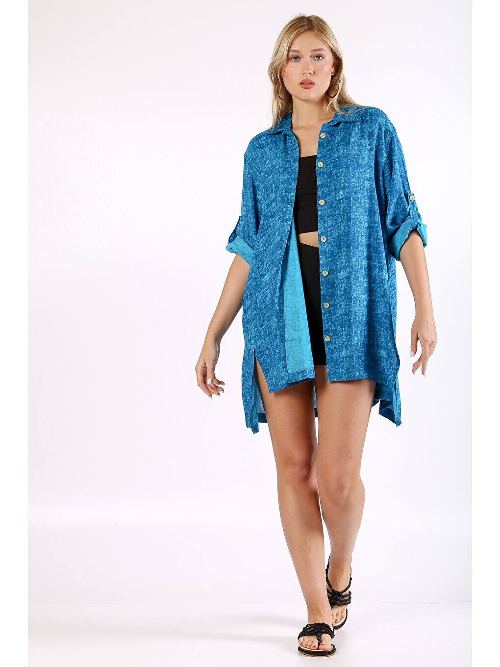 İtalyan Mavi Apaş Yaka 3/4 Kol Desenli Yırtmaçlı Dokuma Gömlek Elbise-5