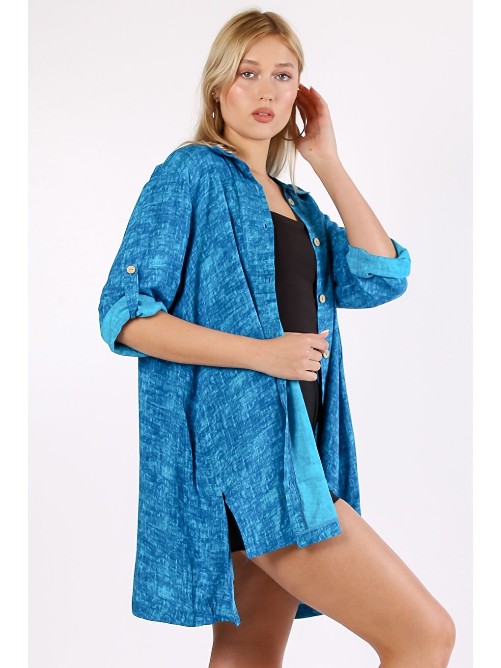 İtalyan Mavi Apaş Yaka 3/4 Kol Desenli Yırtmaçlı Dokuma Gömlek Elbise-6