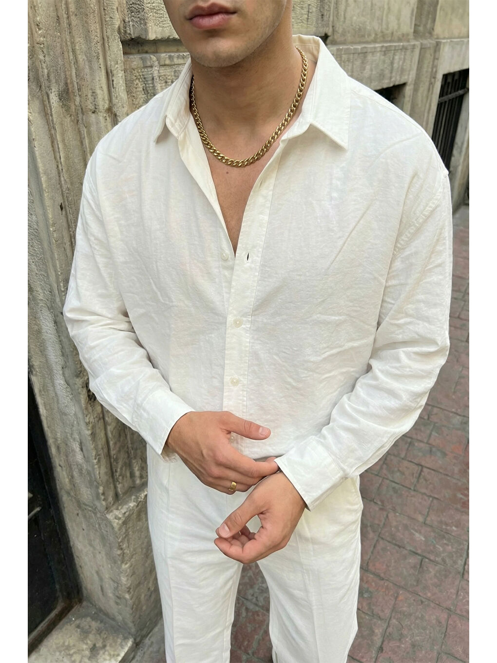 Beyaz Noda %100 Pamuk Oversize Erkek Modal İkili Takım Gömlek Pantolon-2