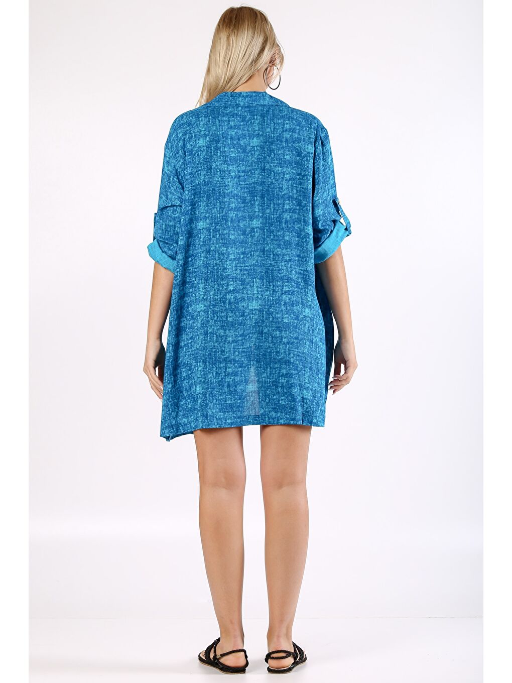 İtalyan Mavi Apaş Yaka 3/4 Kol Desenli Yırtmaçlı Dokuma Gömlek Elbise-7