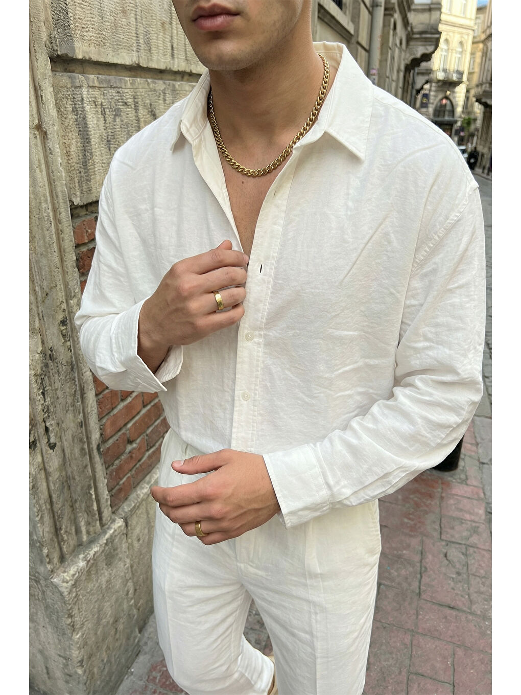 Beyaz Noda %100 Pamuk Oversize Erkek Modal İkili Takım Gömlek Pantolon-3