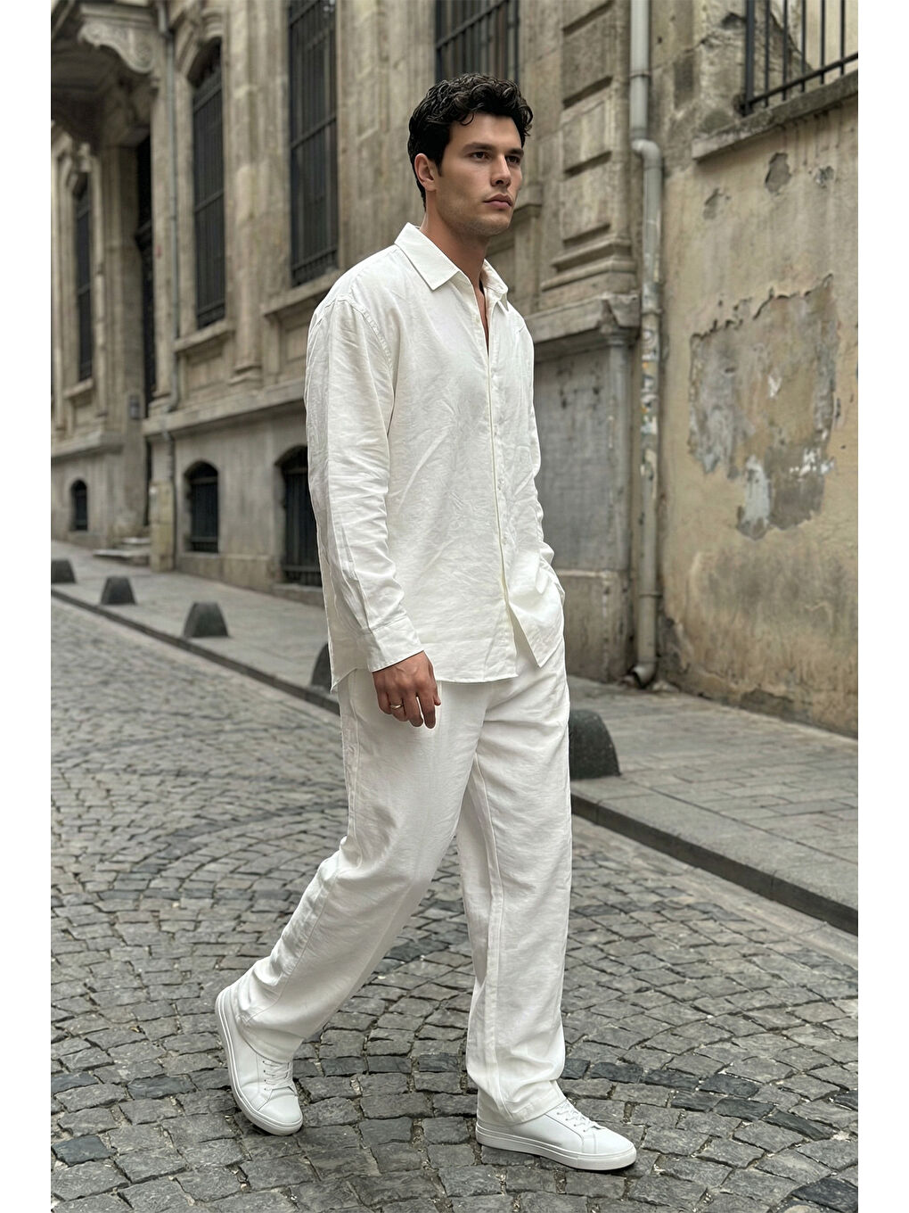 Beyaz Noda %100 Pamuk Oversize Erkek Modal İkili Takım Gömlek Pantolon-4