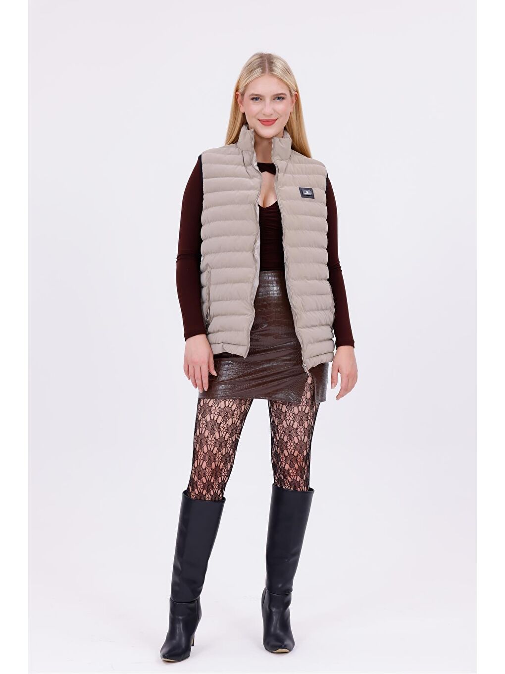 Bej Kadın Siyah Nova Kumaş Şişme Yelek - İç Cepli-6