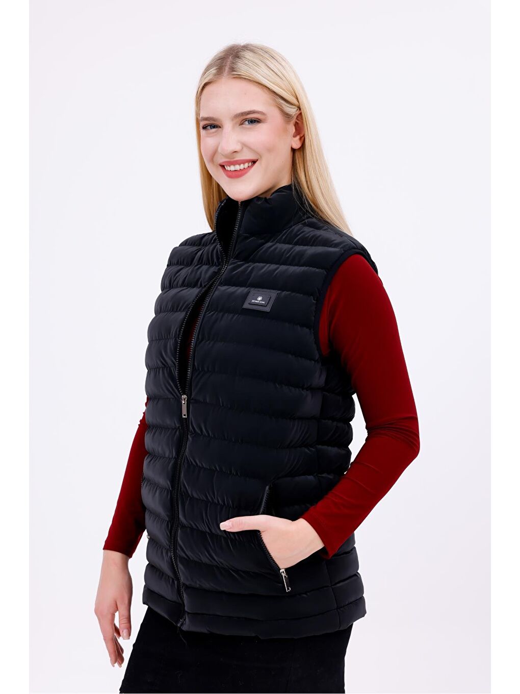 Kadın Siyah Nova Kumaş Şişme Yelek -  Cepli-2