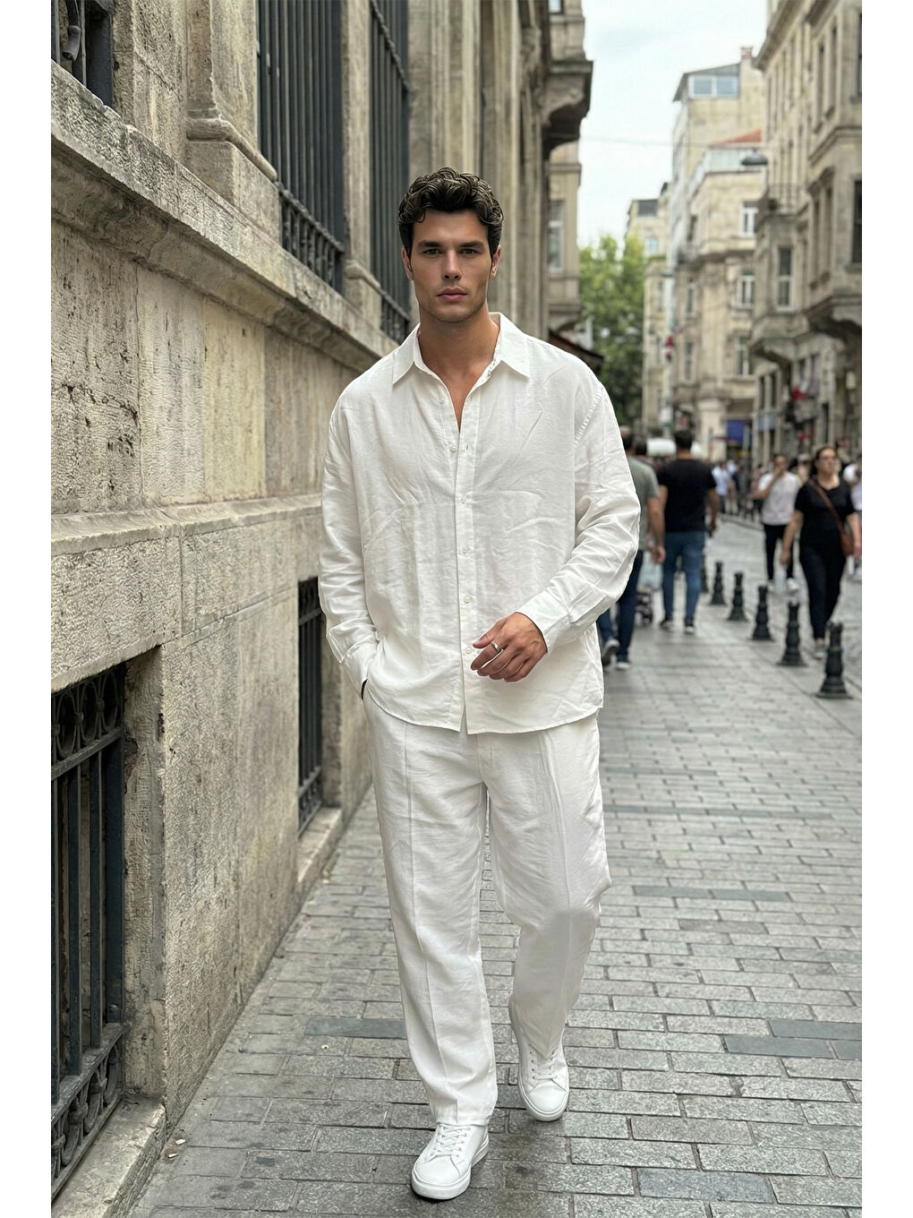 Beyaz Noda %100 Pamuk Oversize Erkek Modal İkili Takım Gömlek Pantolon-5