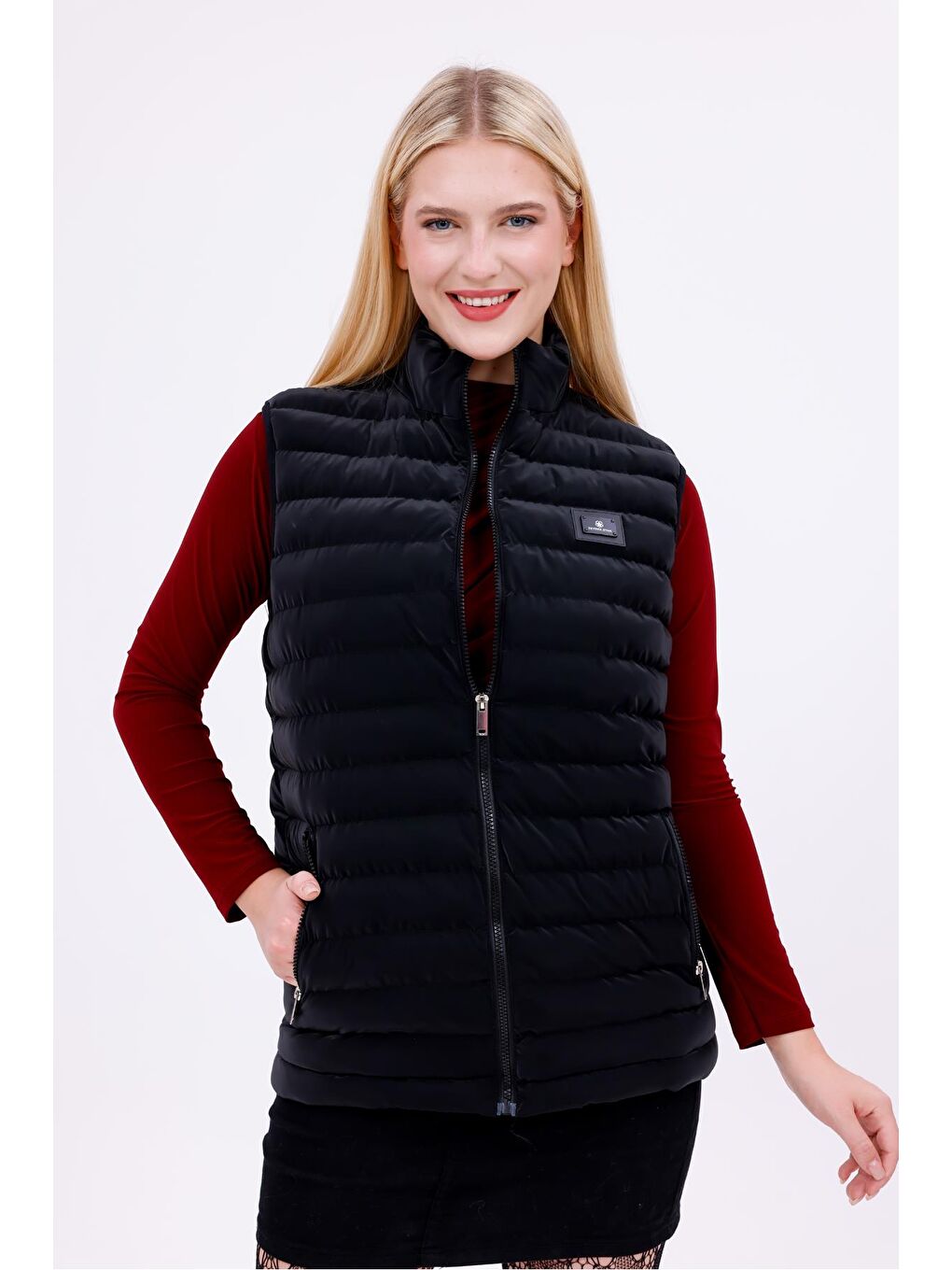 Kadın Siyah Nova Kumaş Şişme Yelek -  Cepli-3