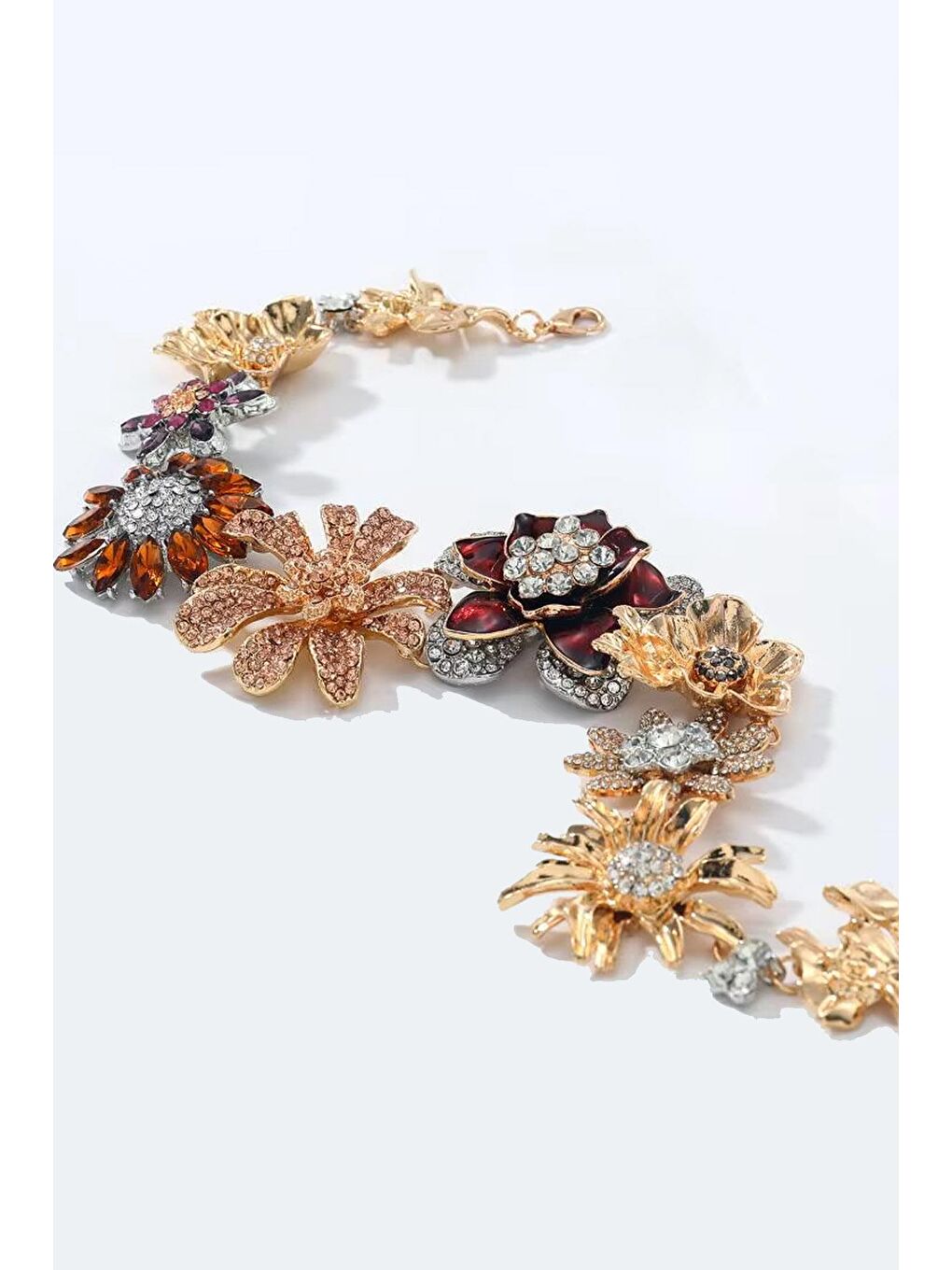 Sarı Marka Çiçekler, Yapay Elmaslar Ve Simlerle Süslenmiş Mücevher Kolye-3