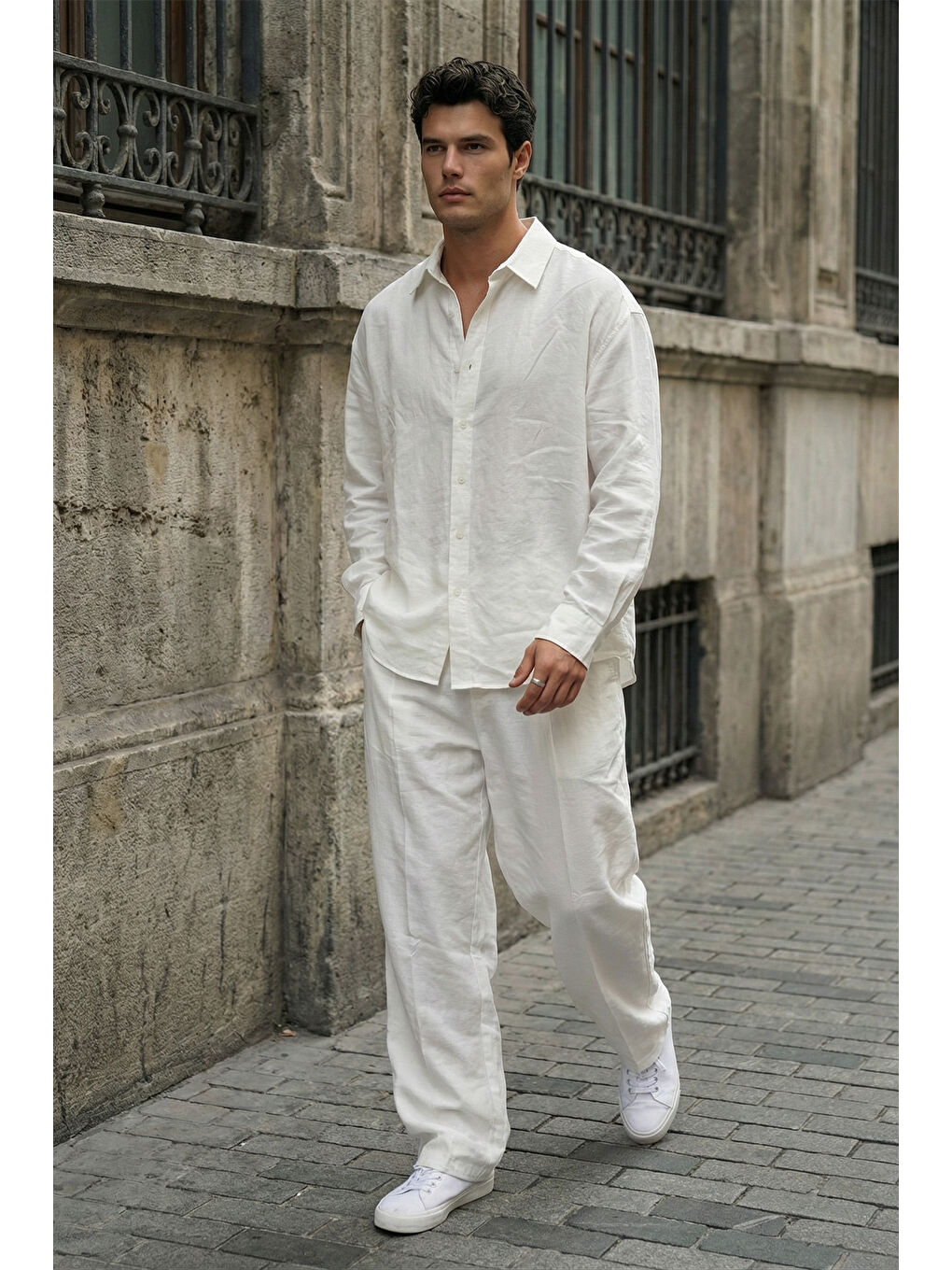 Beyaz Noda %100 Pamuk Oversize Erkek Modal İkili Takım Gömlek Pantolon-6