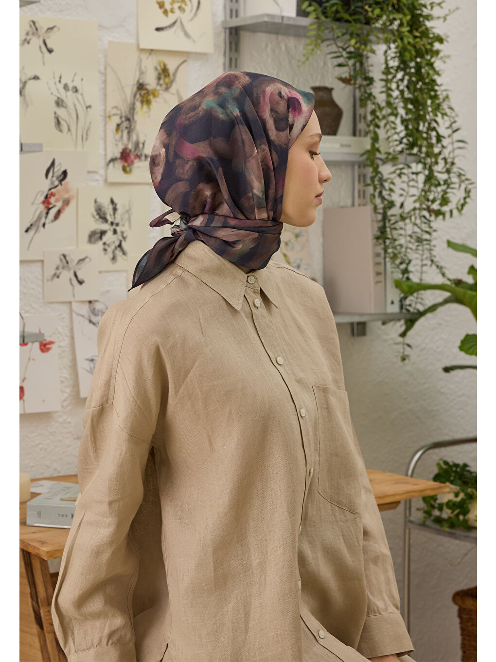 Rosalıe Desen Pamuk İpek Eşarp Mürdüm-2