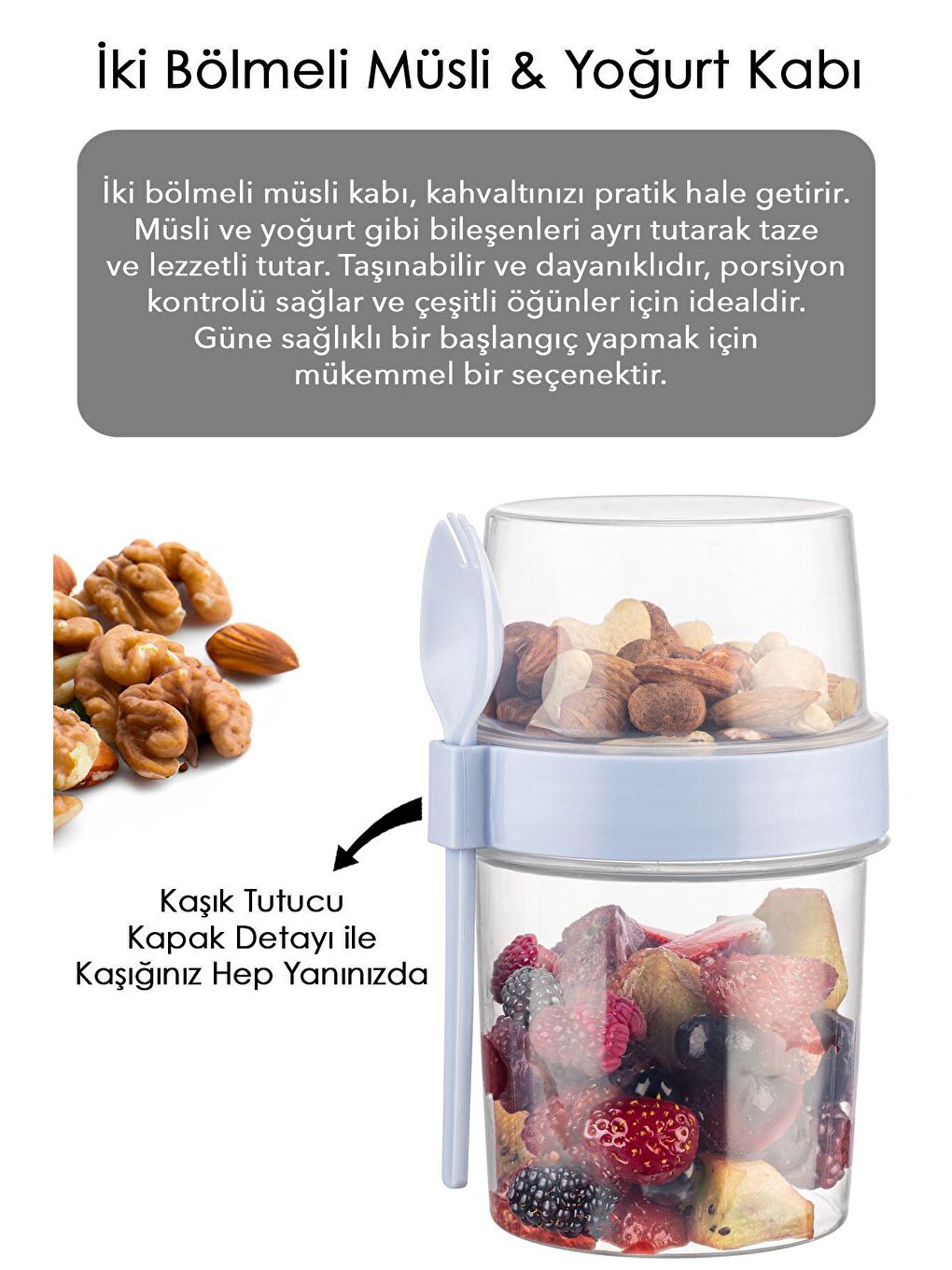 Meleni Home Mavi Pratik Taşınabilir Yoğurt, Müsli  Saklama Kabı,Kaşıklı  Beslenme Kabı,Diyet Beslenme Kutusu Mavi - 3