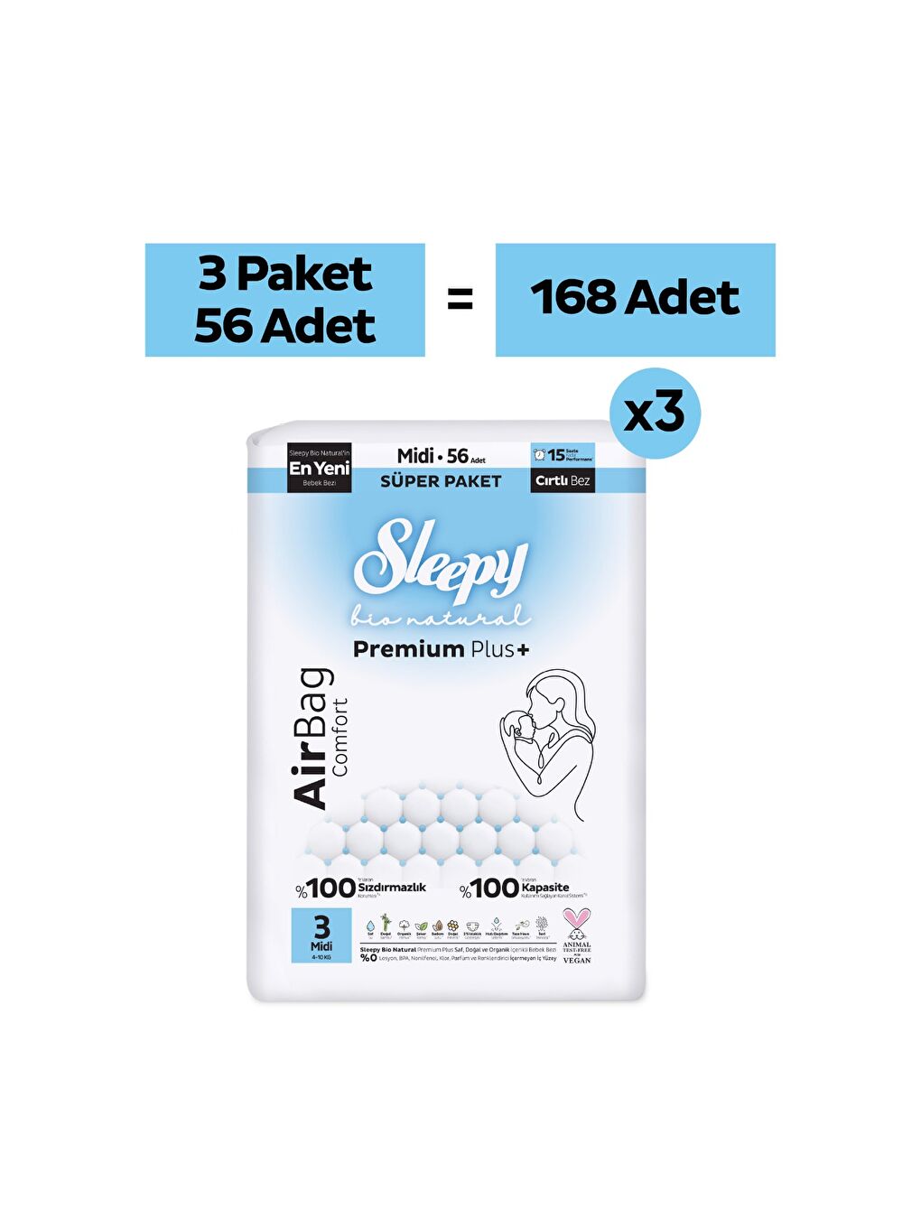 Bio Natural Premium Plus Airbag Comfort Mega Paket Bebek Bezi 3 Numara Midi 168 Adet-1