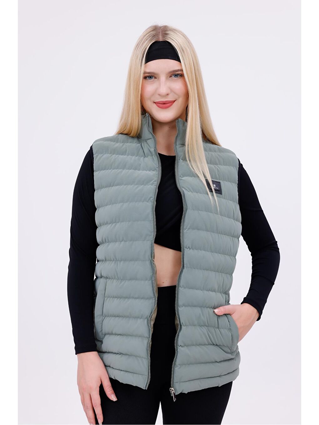 Yeşil Kadın Siyah Nova Kumaş Şişme Yelek - İç Cepli-1