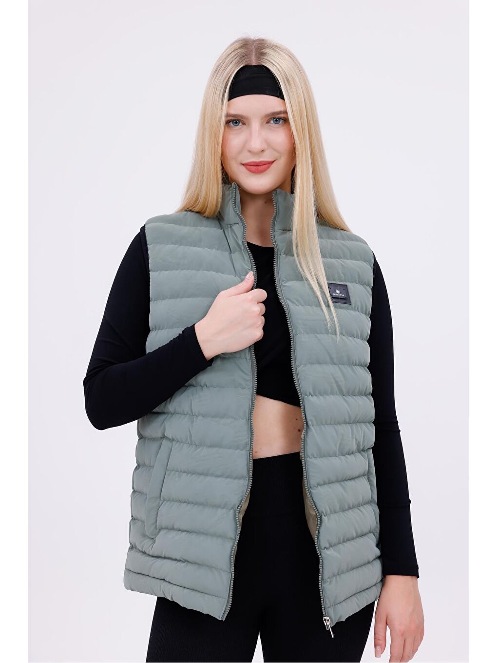 Yeşil Kadın Siyah Nova Kumaş Şişme Yelek - İç Cepli-2