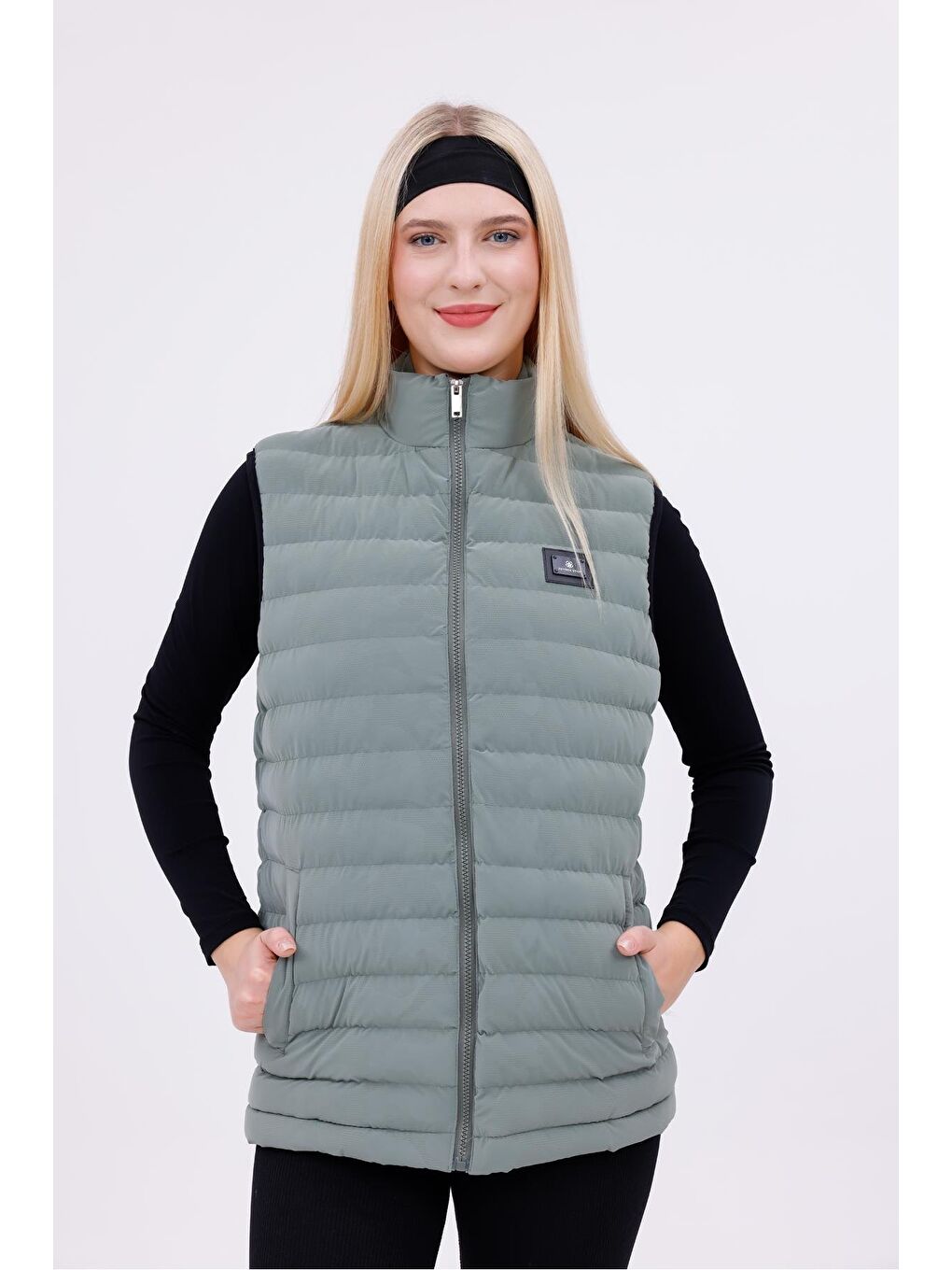 Yeşil Kadın Siyah Nova Kumaş Şişme Yelek - İç Cepli-3