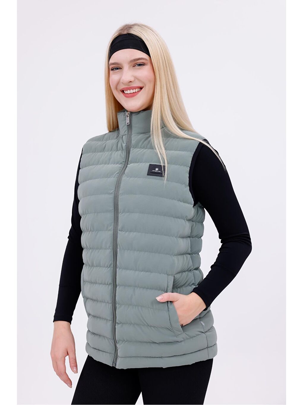 Yeşil Kadın Siyah Nova Kumaş Şişme Yelek - İç Cepli-4