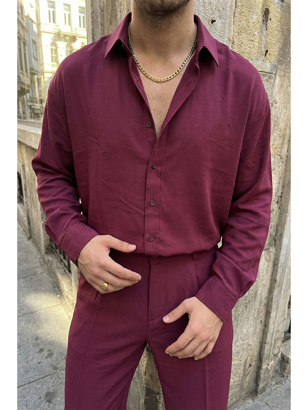 Bordo Noda %100 Pamuk Oversize Erkek Modal İkili Takım Gömlek Pantolon-1