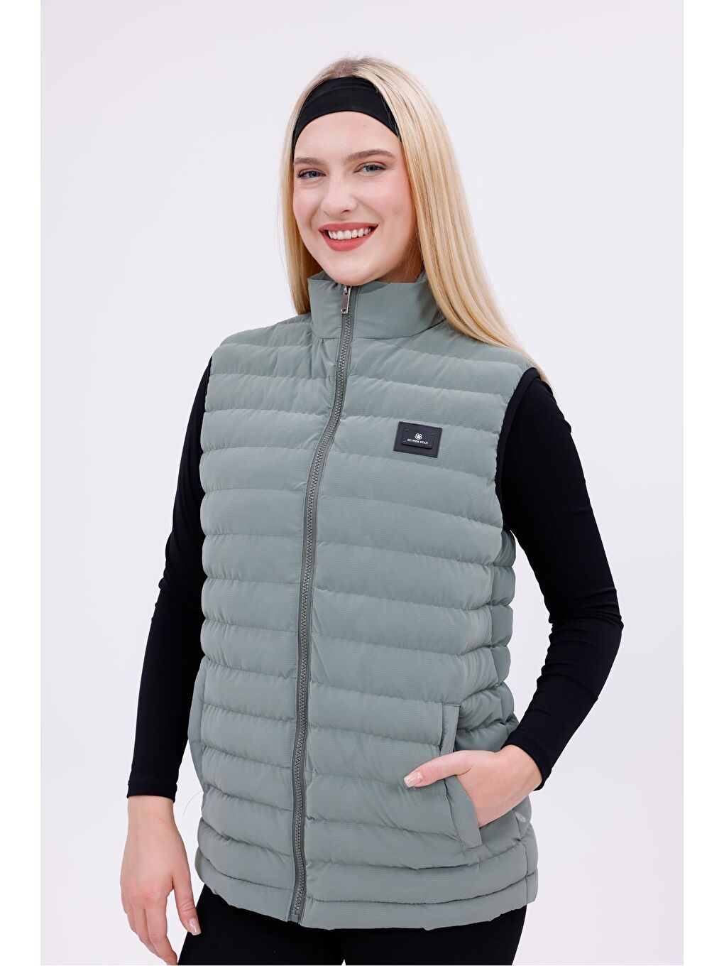 Yeşil Kadın Siyah Nova Kumaş Şişme Yelek - İç Cepli-5