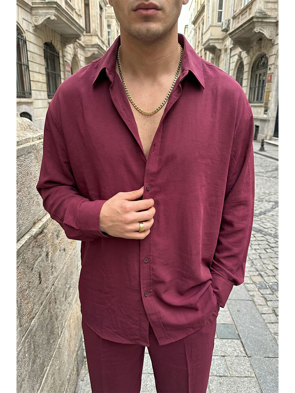 Bordo Noda %100 Pamuk Oversize Erkek Modal İkili Takım Gömlek Pantolon-2