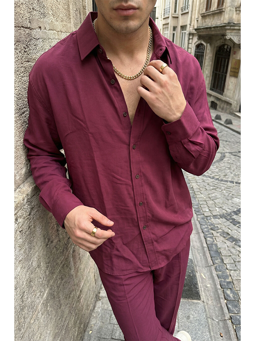 Bordo Noda %100 Pamuk Oversize Erkek Modal İkili Takım Gömlek Pantolon-3