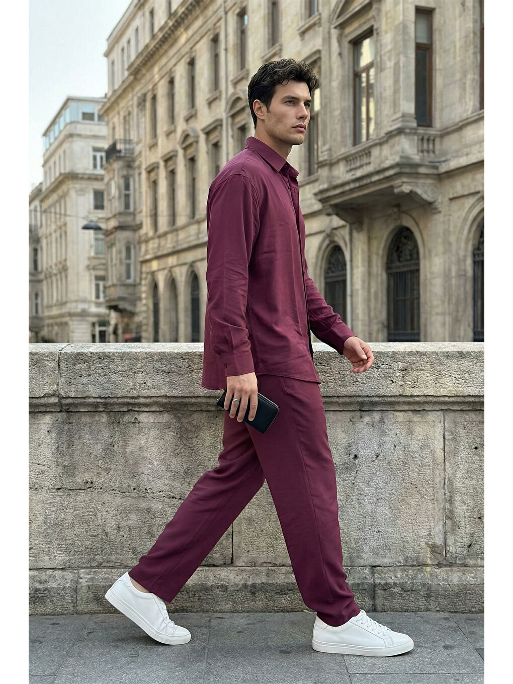 Bordo Noda %100 Pamuk Oversize Erkek Modal İkili Takım Gömlek Pantolon-4