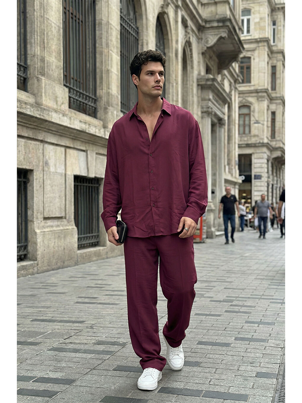 Bordo Noda %100 Pamuk Oversize Erkek Modal İkili Takım Gömlek Pantolon-5