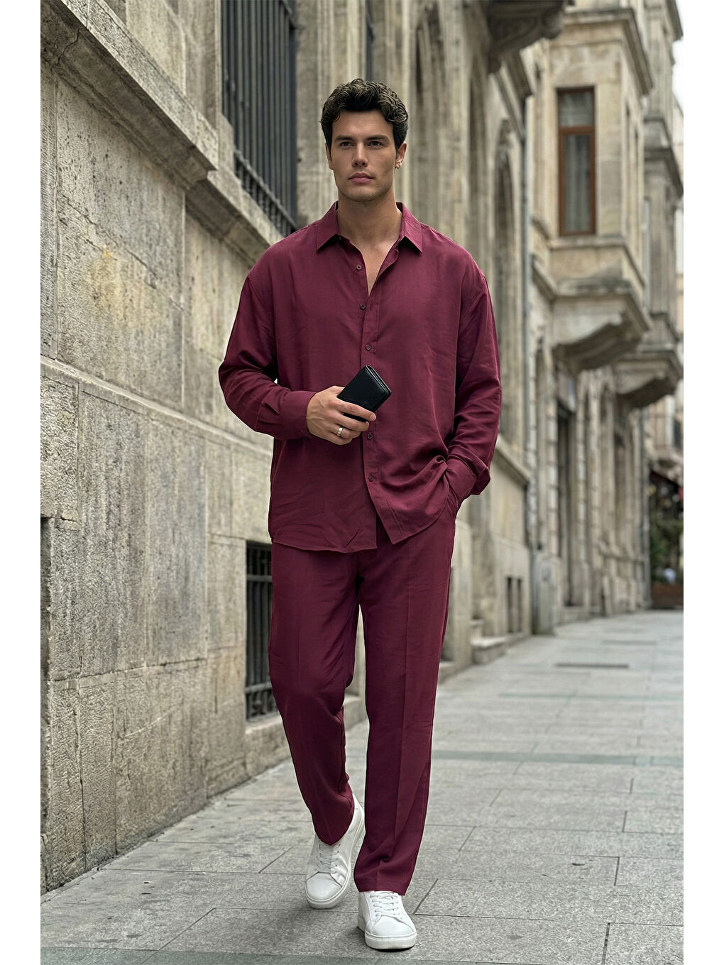 Bordo Noda %100 Pamuk Oversize Erkek Modal İkili Takım Gömlek Pantolon-6