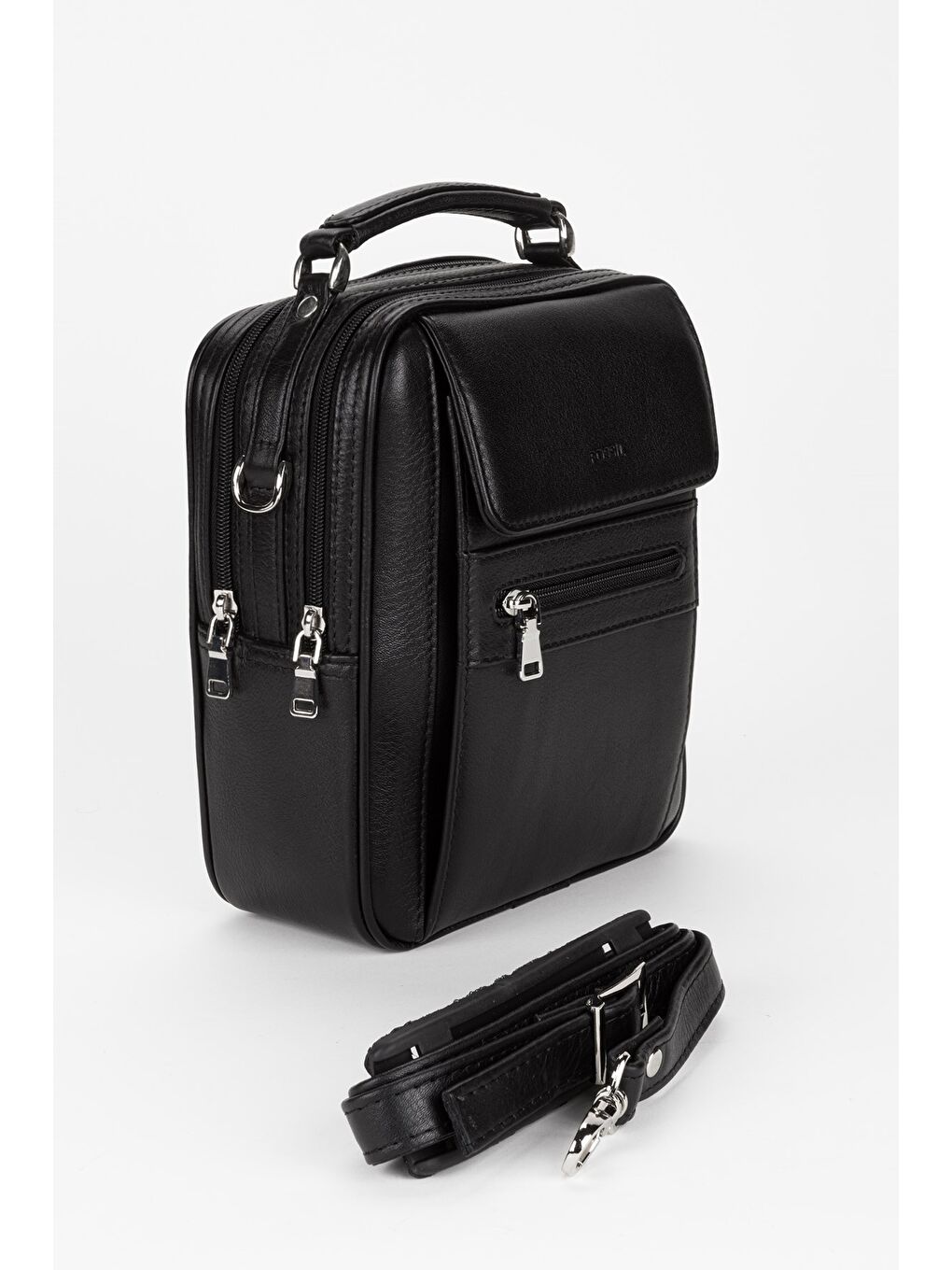 Siyah %100 Hakiki Deri Erkek Orta Boy El ve Çapraz Omuz Çantası-1